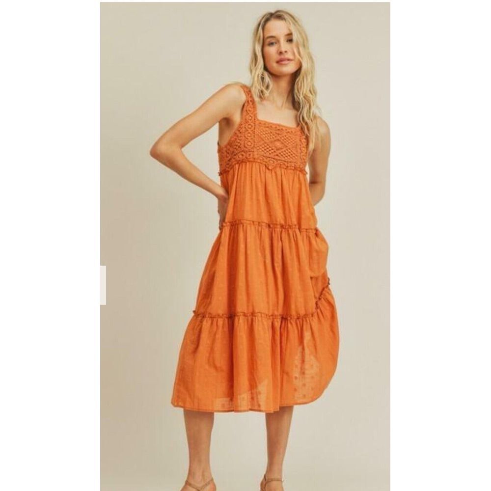 Lush Crochet Dress Women Sz S 4/6 Tiered‎ Midi Ruffle Trim Flowy Feminine Orange